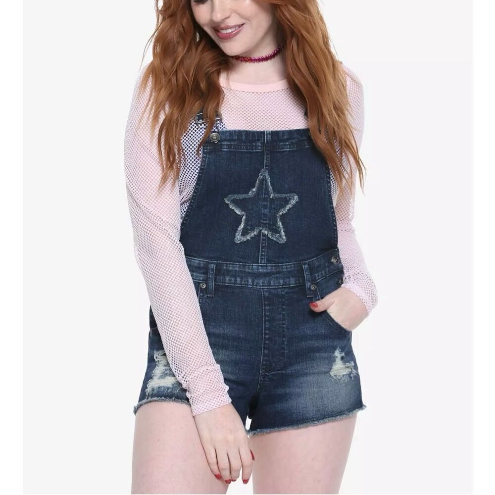 Junior Womens Hot Topic Blackheart Indigo Star Shortalls Denim Jean Overalls - 3